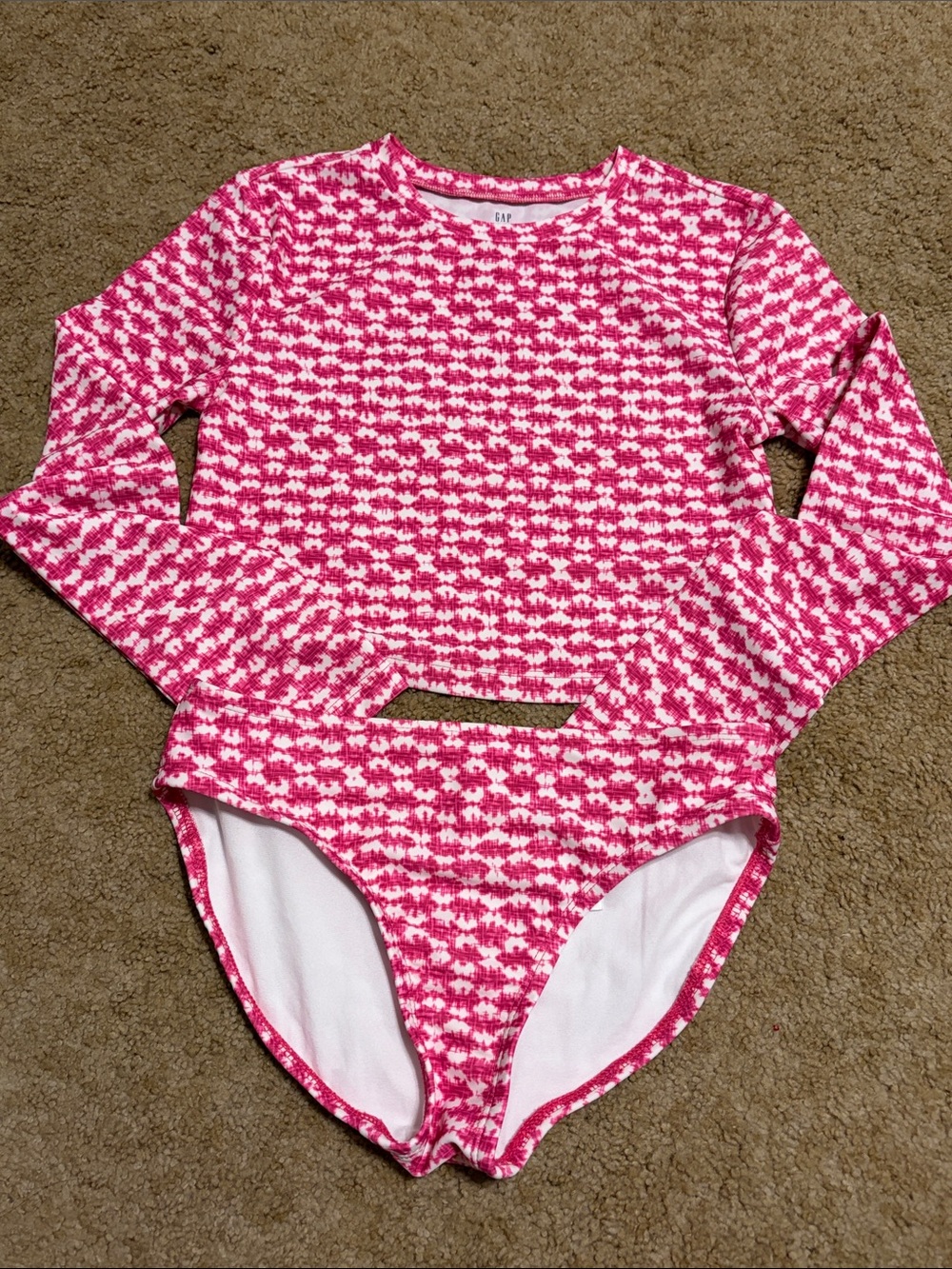 GAP Pink and White Houndstooth Long Sleeve One-Piece